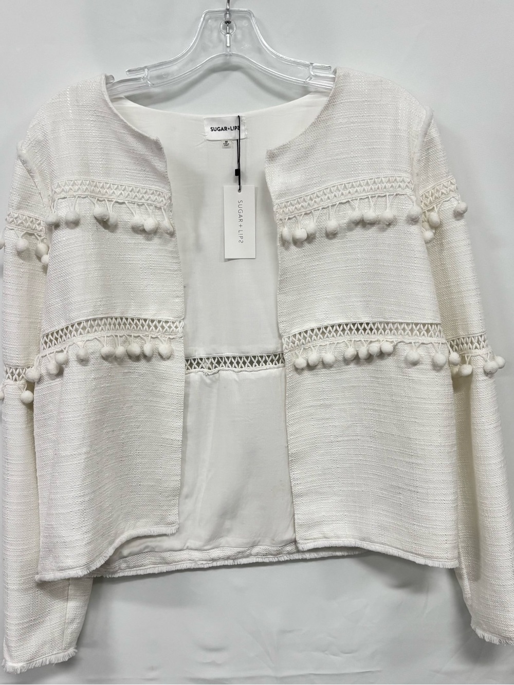 Sugarlips Cream Pom-Trim Open Front Jacket